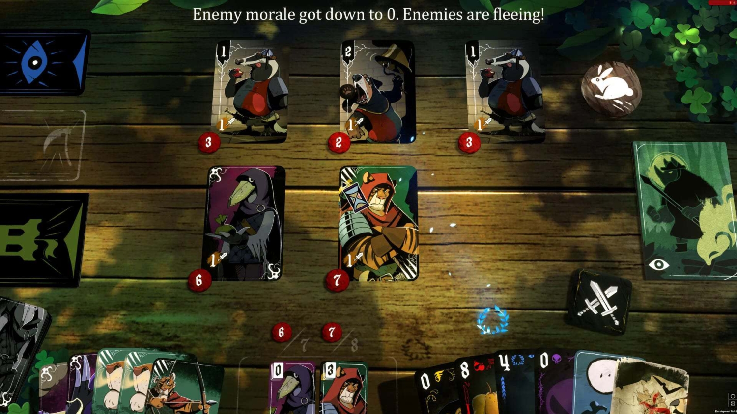 Game cards laid on wooden table depicting animal characters in medieval armour and clothing during a game turn