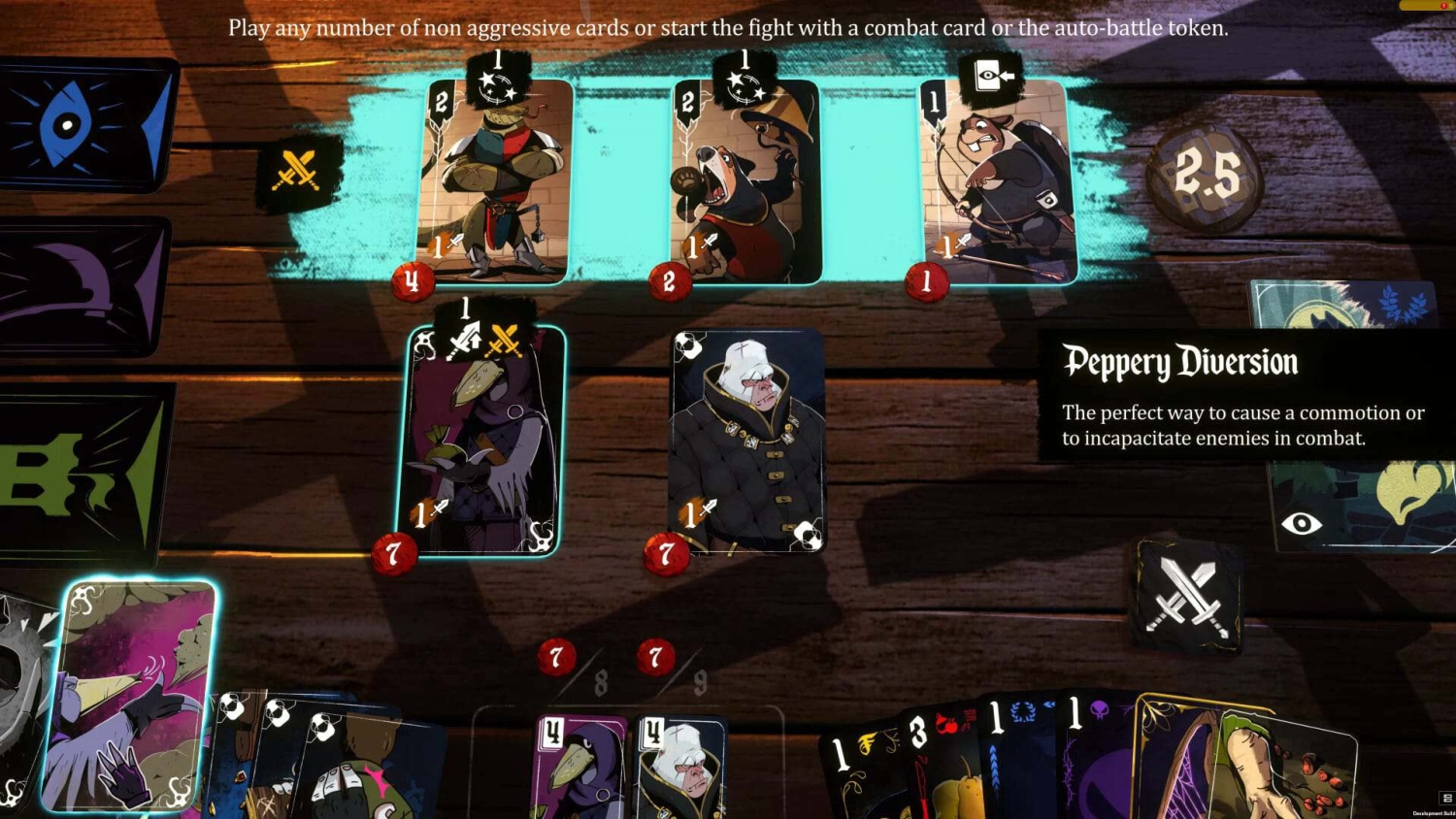 Cards featuring animal characters with combat stats laid out on wooden table in a card game interface