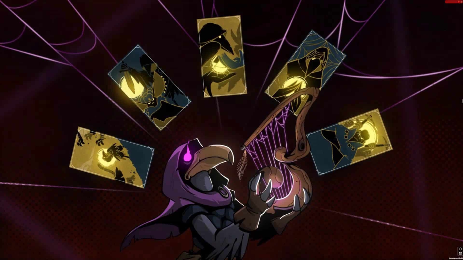 Dark-clad character with glowing purple eyes plays a wooden harp under six illuminated cards floating in a dark space