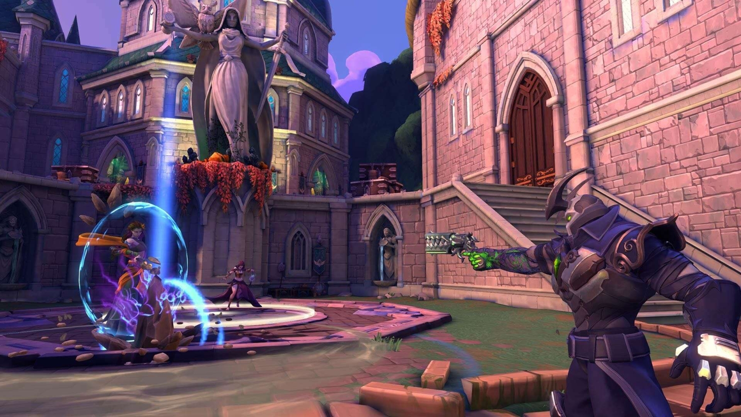 Armoured figure aiming a pistol in a medieval courtyard with glowing shields and statues around