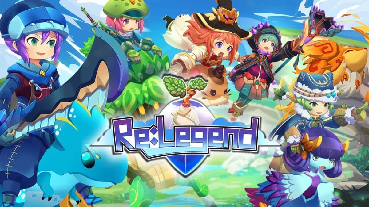 Colourful cartoon characters and creatures from Re:Legend with logo in centre and vibrant blue sky background