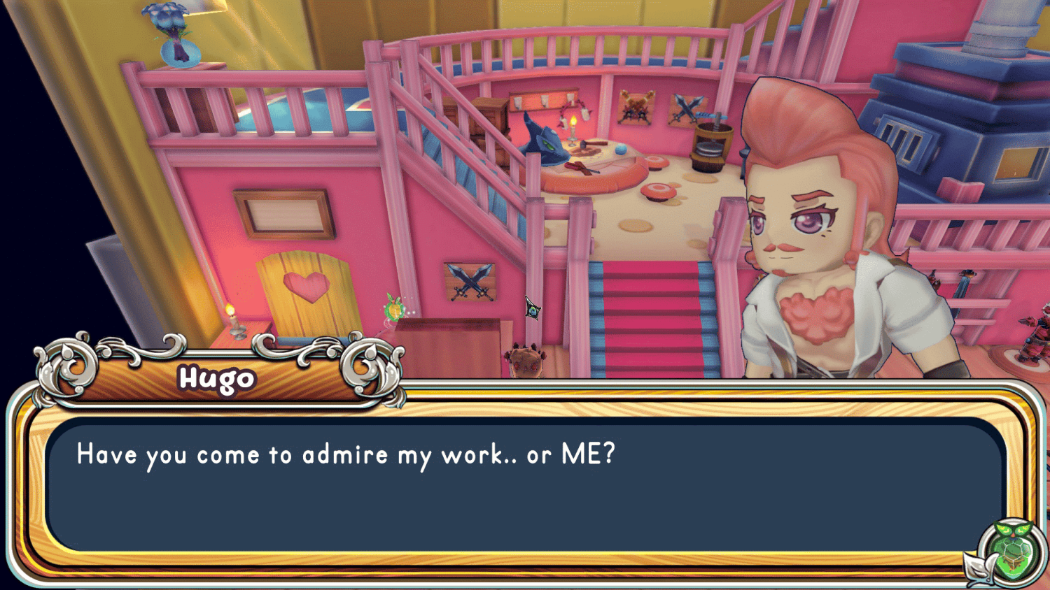 Animated character with pink hair and white jacket speaking inside a pink house with stairs and decorations