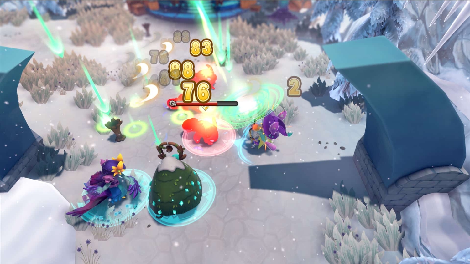Colourful characters in snowy terrain engaged in combat, surrounded by glowing damage numbers and effects