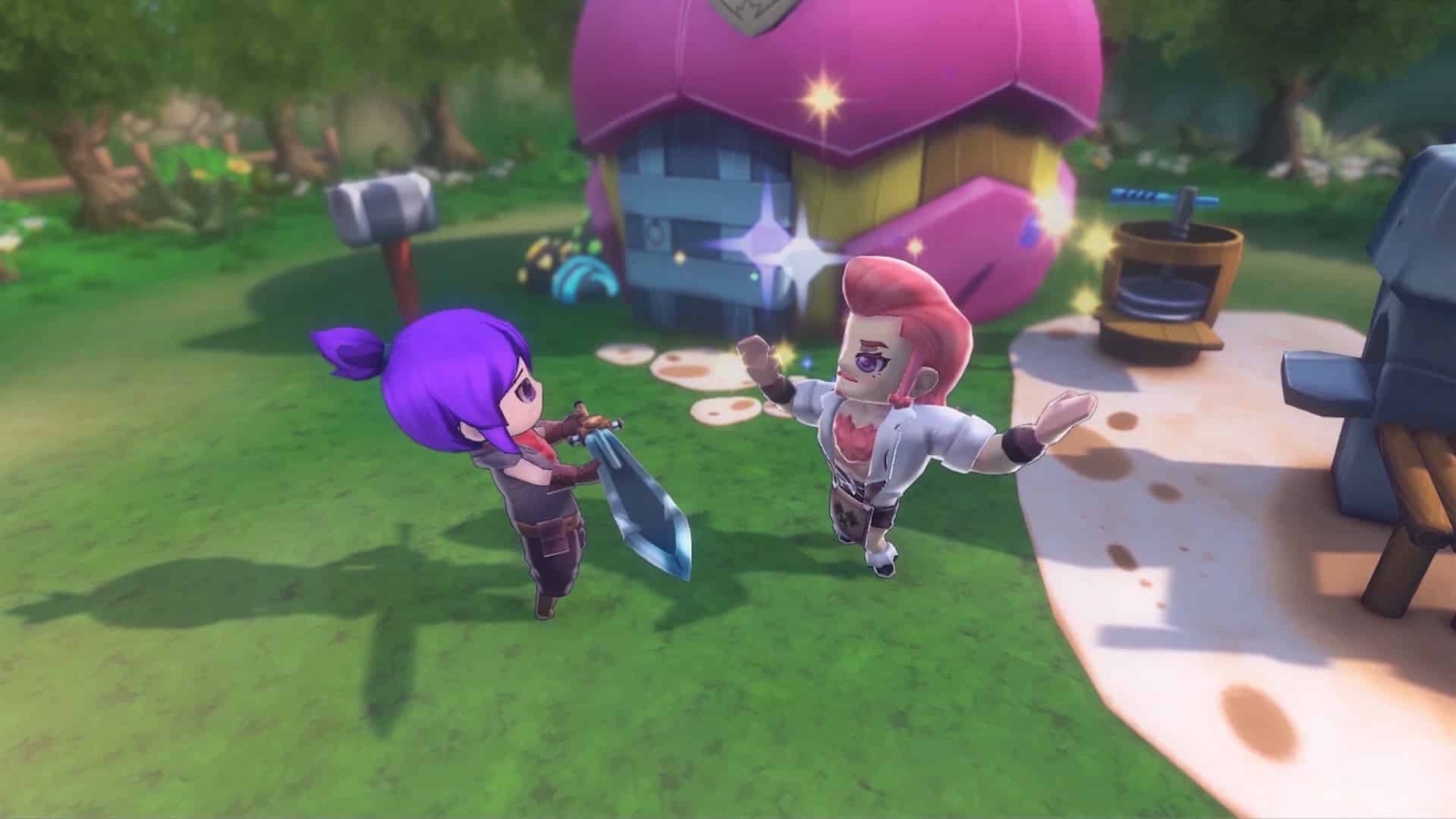 Two cartoon characters in a grassy outdoor setting, one with a sword facing the other near a large purple shell-shaped structure