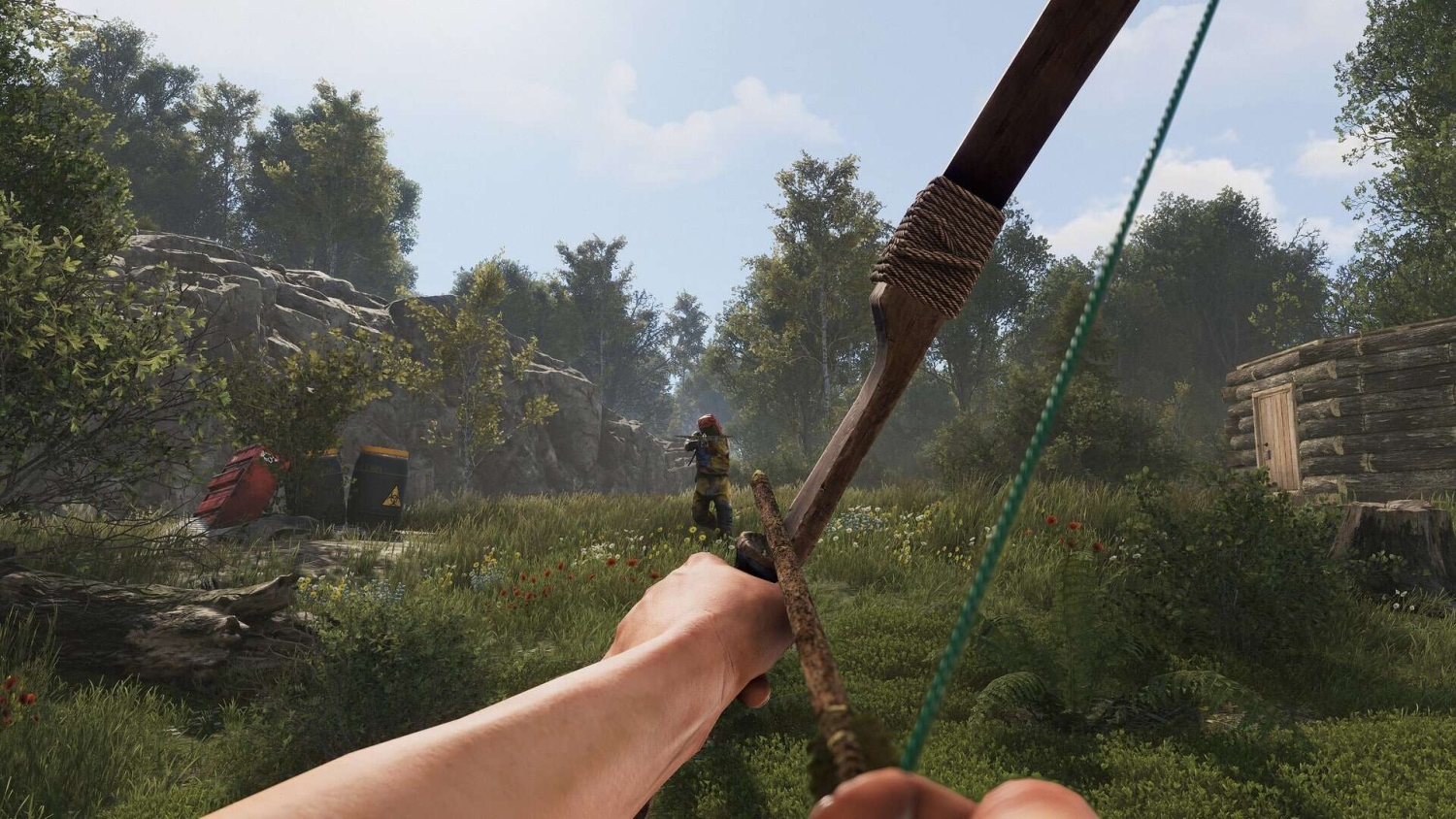 Person aiming a rustic wooden bow at a distant armed figure in a forest clearing