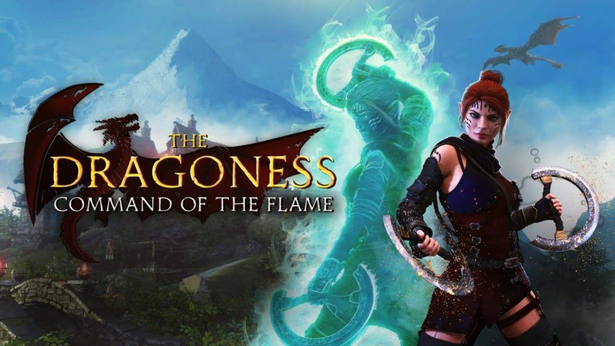 Female warrior with twin crescent blades and a glowing blue spirit figure behind her with a flying dragon and a castle in the misty background