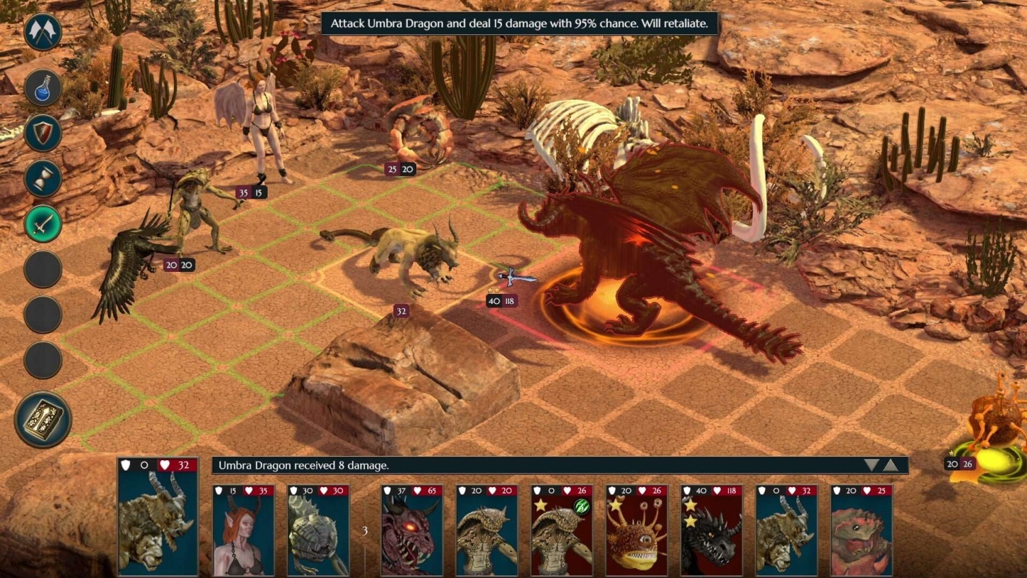 Turn-based combat with fantasy creatures including a large red dragon and desert terrain grid