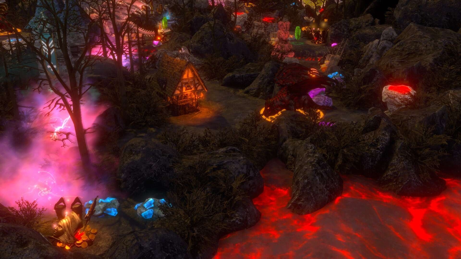 A red dragon stands near a glowing lava river beside a small lit house surrounded by dark forest and glowing crystals