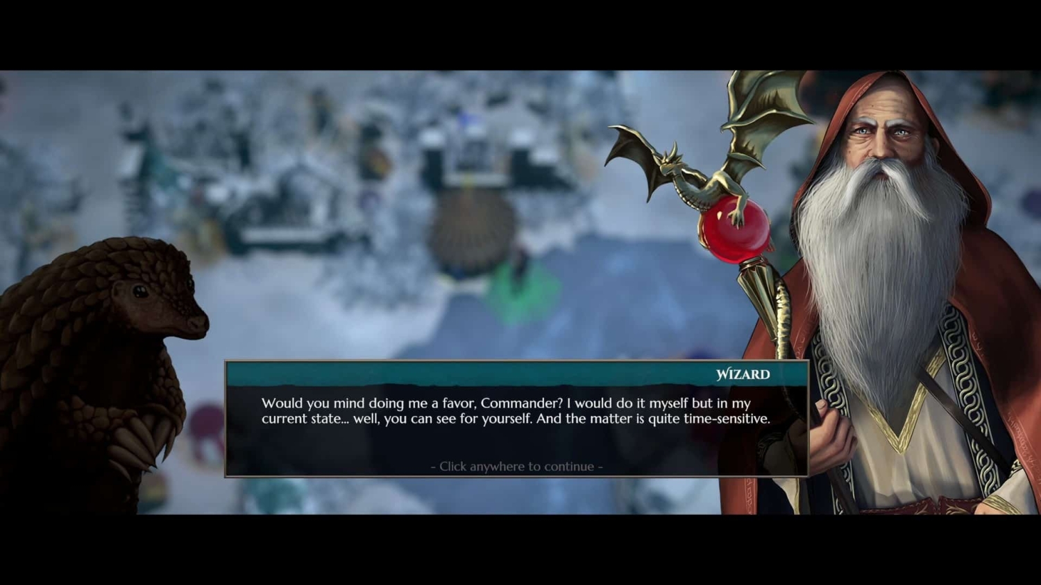 Older wizard with long white beard and red hood speaking in game dialogue box next to a dark scaled creature