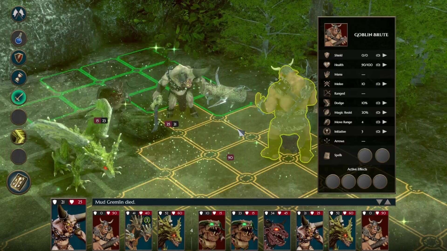 Turn-based fantasy battle with goblin brute and green dragon units on a hex grid in a forest environment