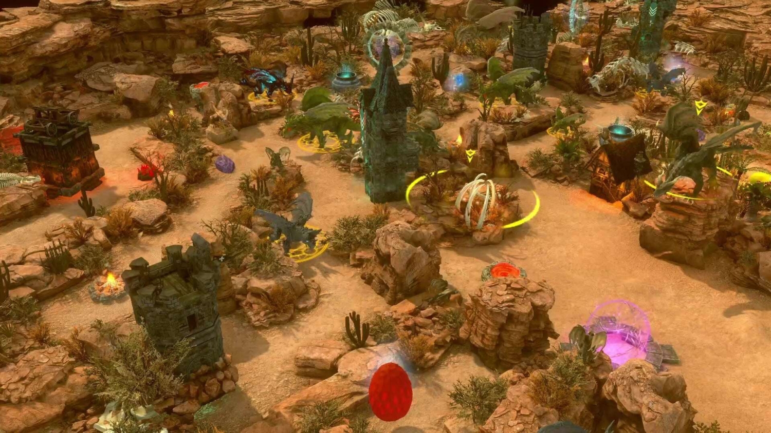 Isometric view of a desert terrain game map featuring rocky formations, ancient ruins, and dinosaur-like creatures marked by yellow circles