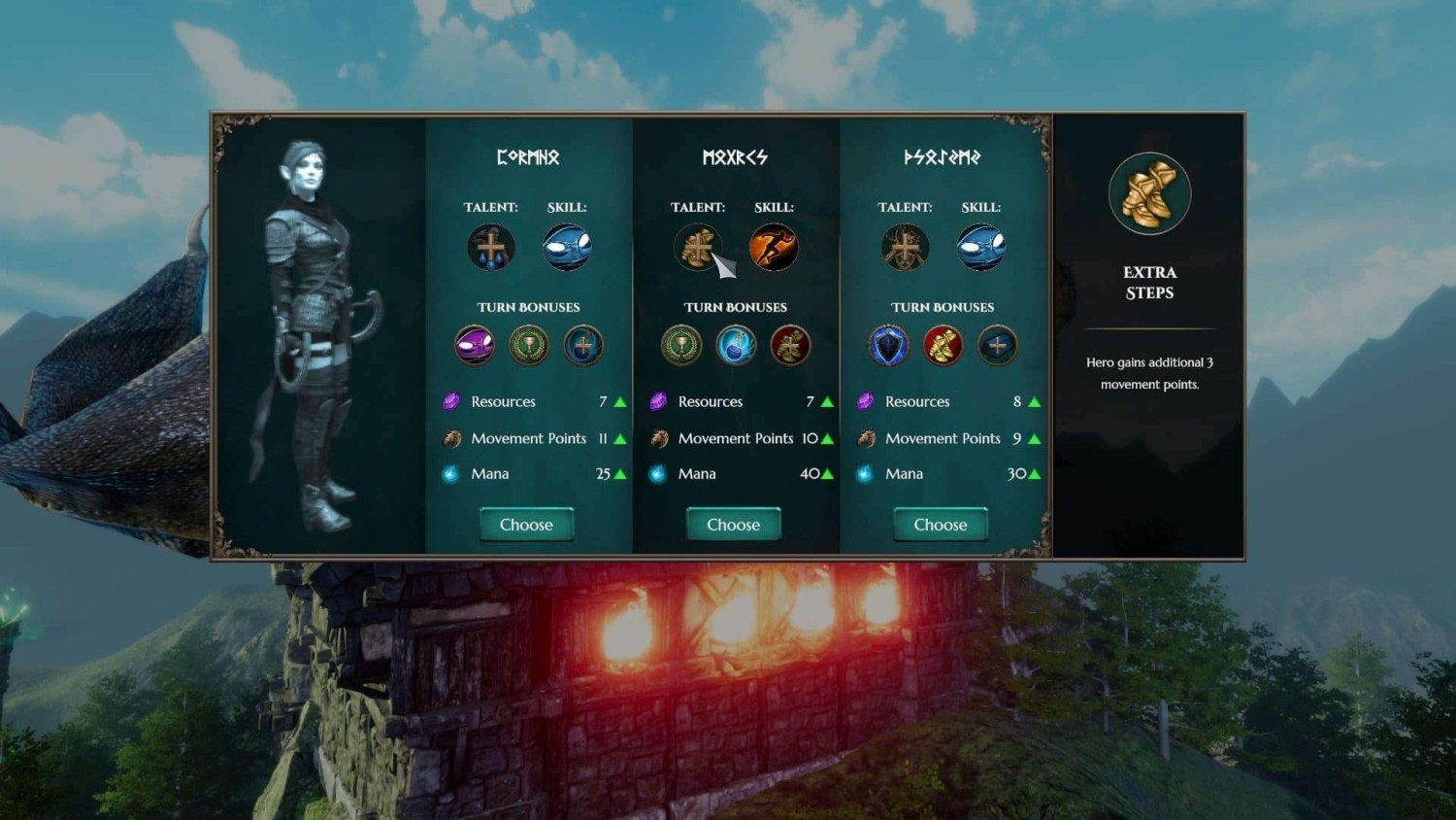 Fantasy game character selection showing three warrior classes with talents, skills, and bonus stats
