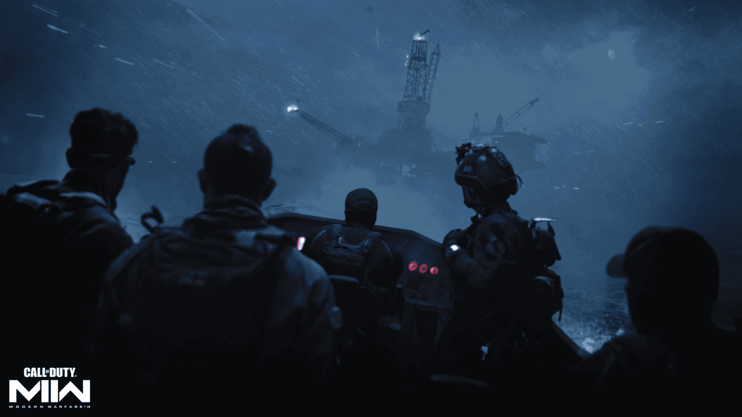 Armed soldiers in a boat approaching a dimly lit offshore oil rig in stormy seas at night