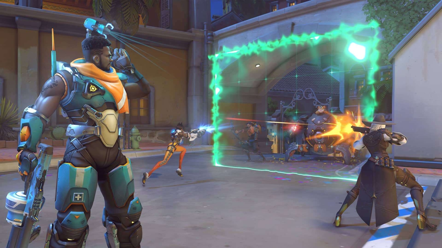 Four characters in futuristic armour engage in a street fight using energy shields and weapons