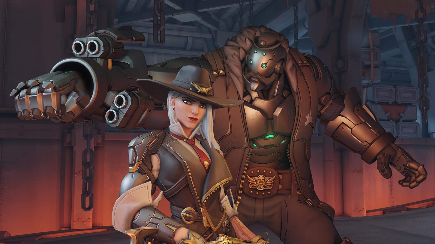 Two futuristic characters in an industrial environment, one with a large mechanical arm and the other wearing a wide-brimmed hat and tie