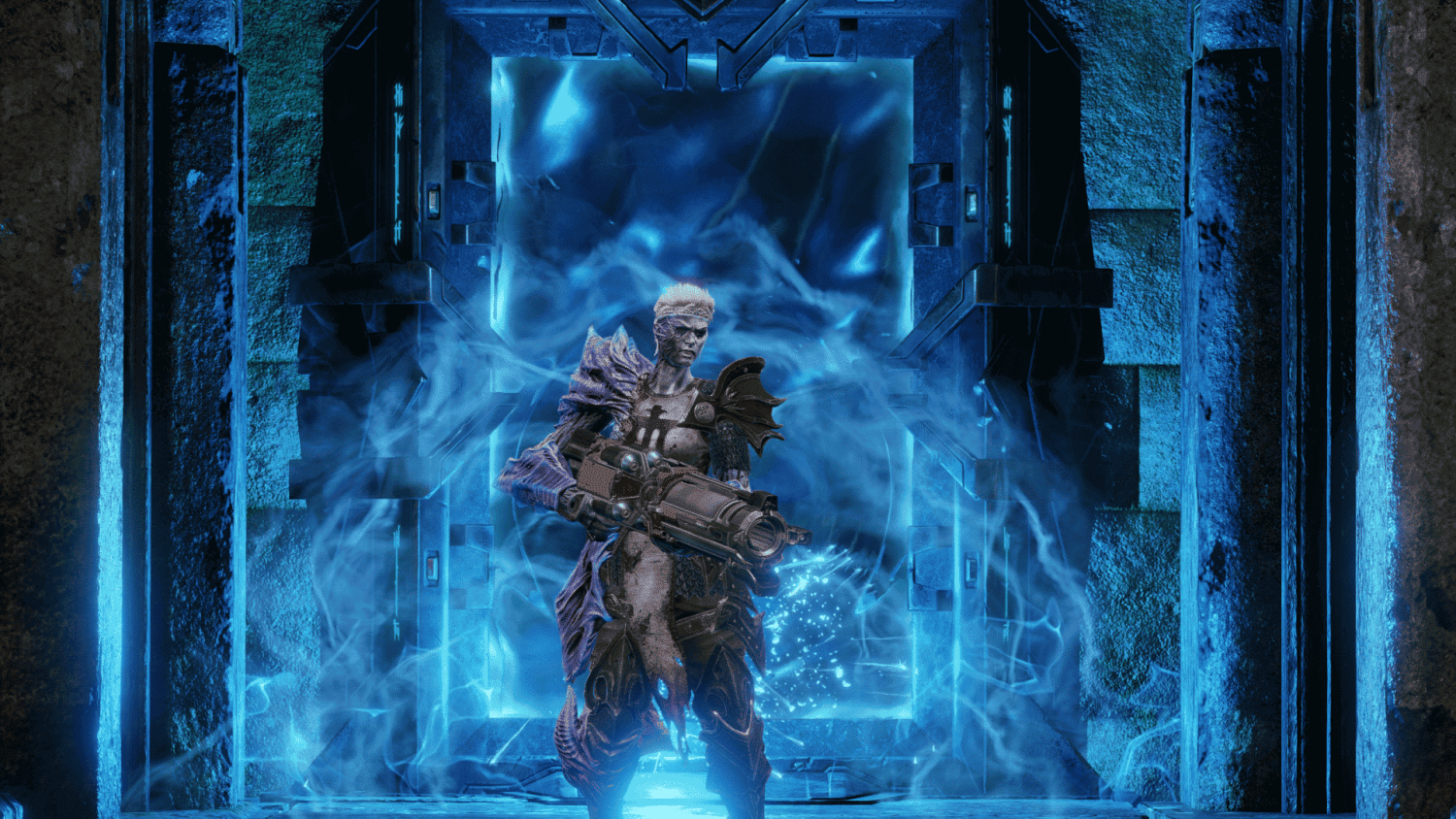 Armoured humanoid character holding futuristic weapon stands in glowing blue portal within stone corridor