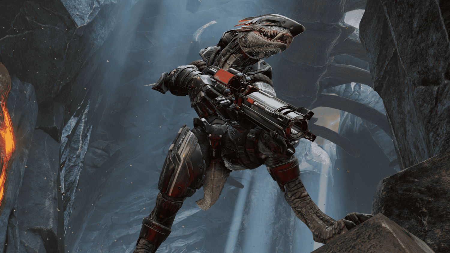 Armoured reptilian warrior holding a futuristic gun in a rocky cave lit by glowing light