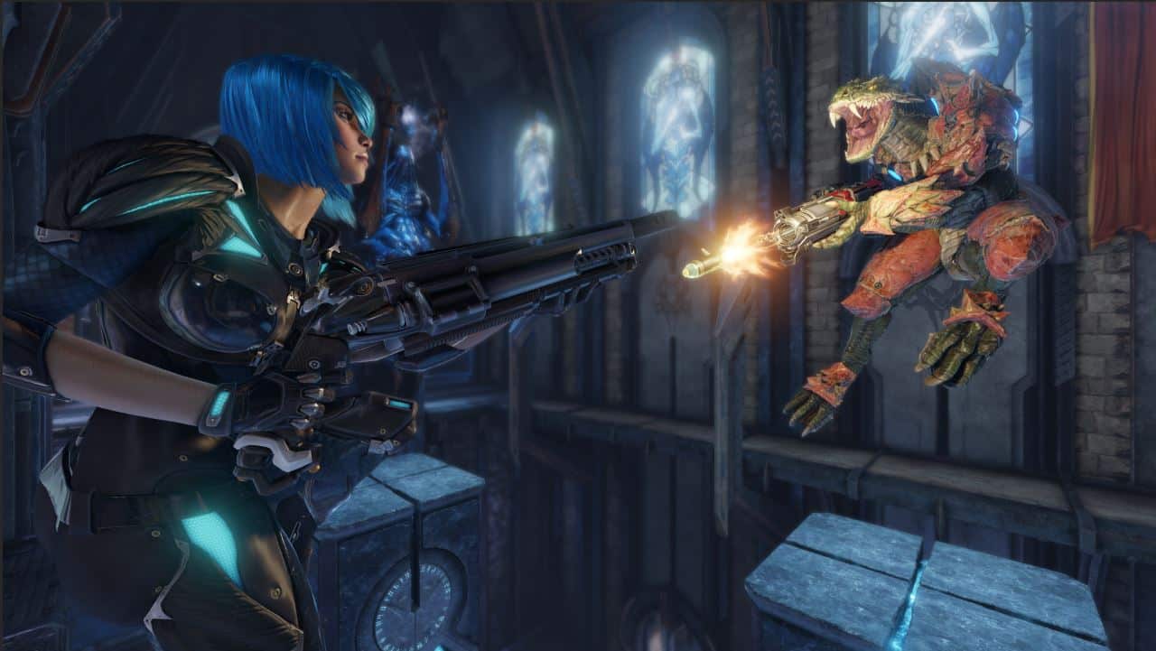 Female character with bright blue hair firing a large futuristic gun at a reptilian enemy in a dark, gothic arena