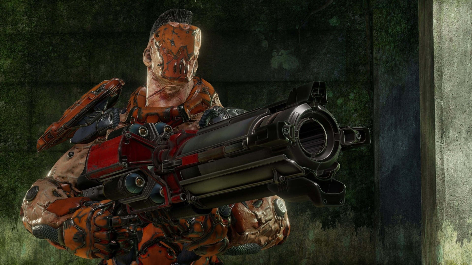 Armoured character in orange suit holding large futuristic gun in a dark mossy environment