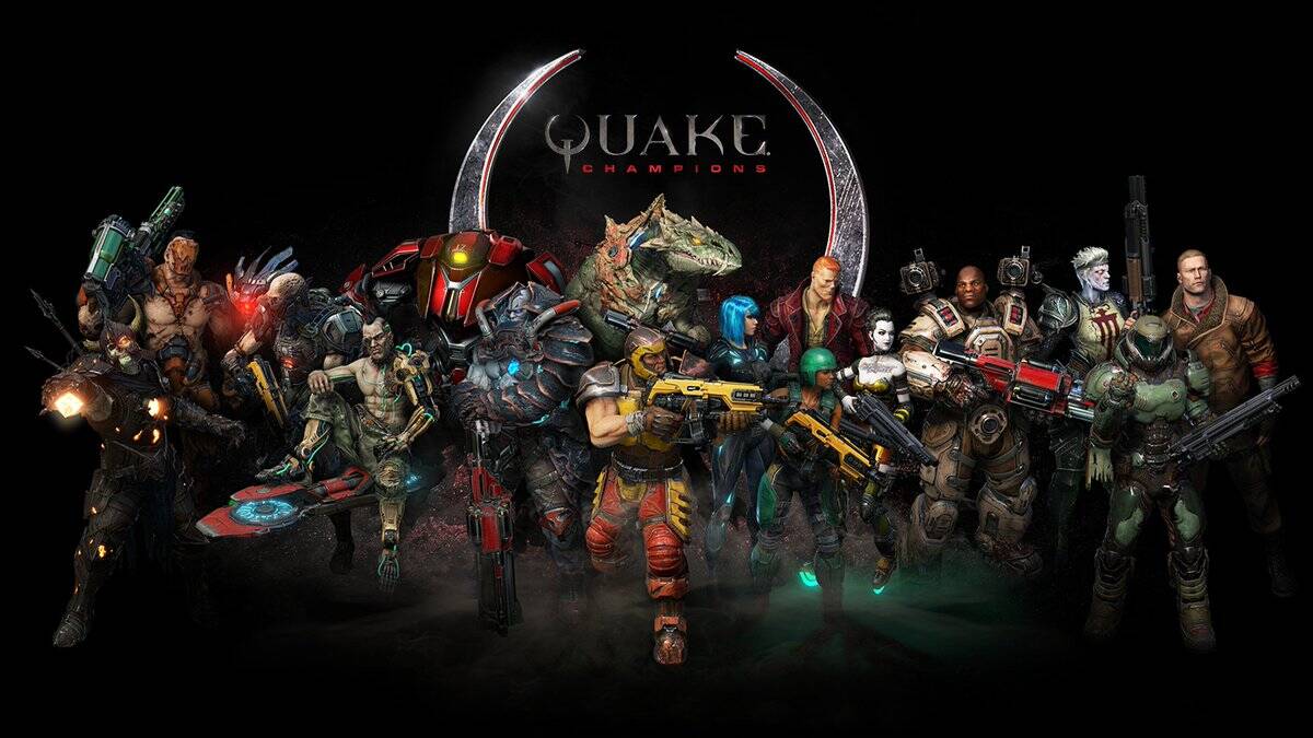 Lineup of various Quake Champions characters standing with weapons, against a dark background with the Quake Champions logo