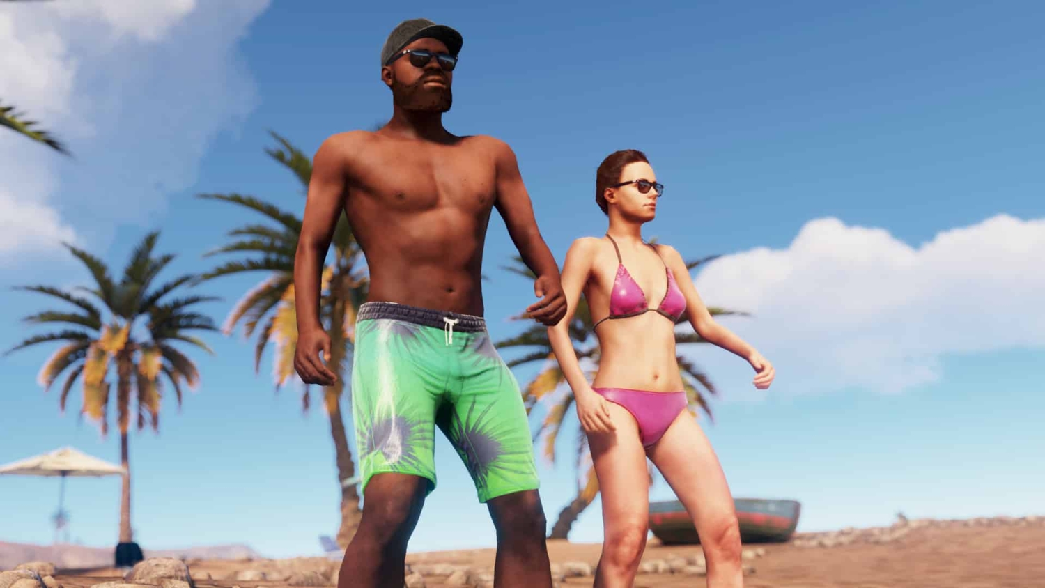 Two characters wearing swimwear and sunglasses standing on a beach with palm trees under a blue sky