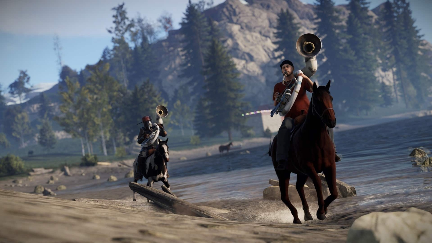 Two players riding horses along a riverbank in a forested area, each playing large curved brass instruments.