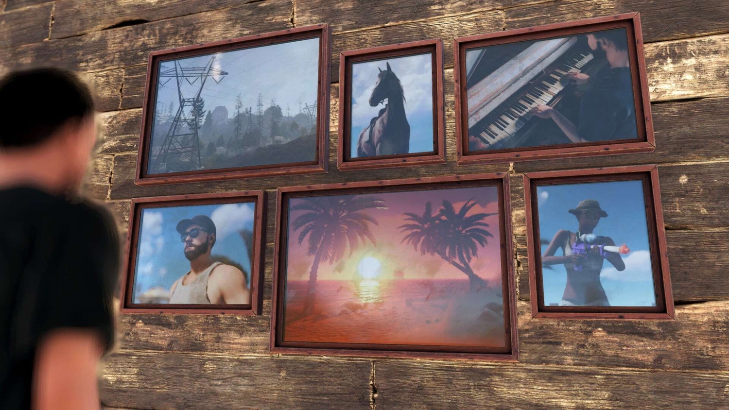 Six framed pictures on wooden wall showing power lines in forest, horse, person playing piano, man with cap and sunglasses, sunset with palm trees, and figure holding water gun