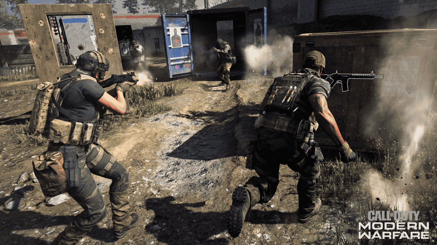 Four soldiers in tactical gear engaged in a gunfight near shipping containers in a training area