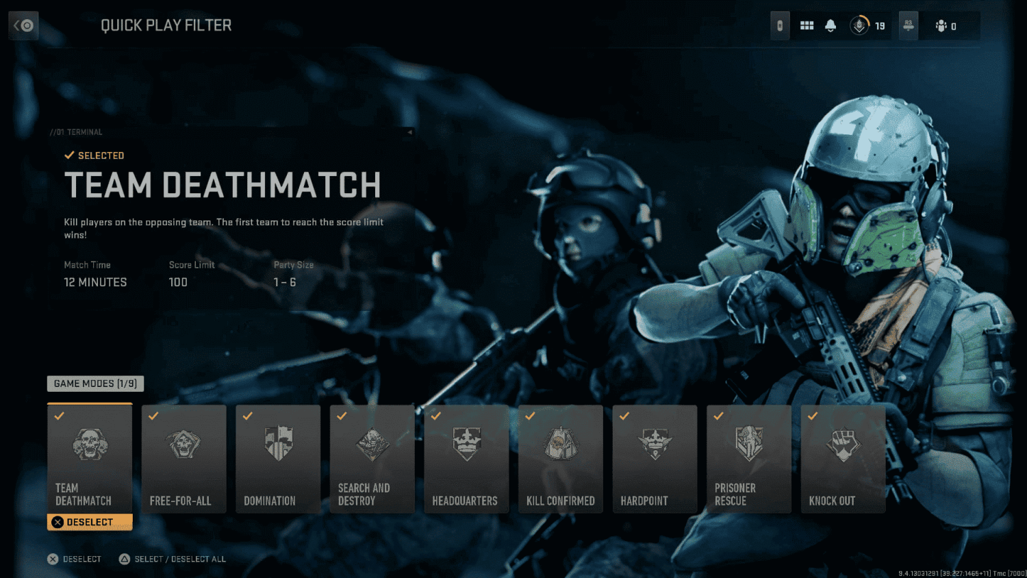 Multiplayer mode selection screen in team deathmatch showing match details and soldier characters in background