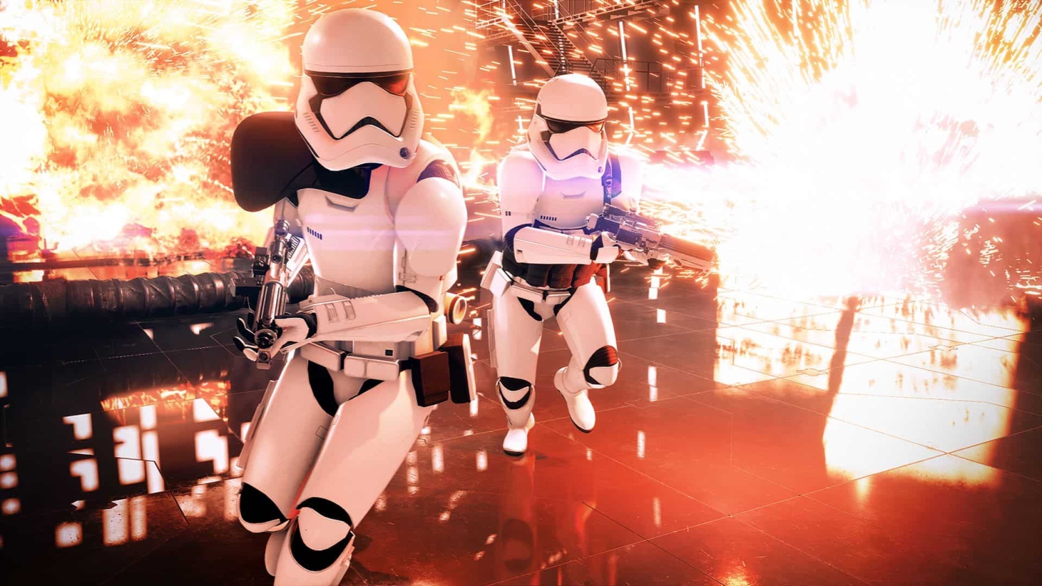 Two stormtroopers in white armour running with weapons amid fiery explosions and sparks