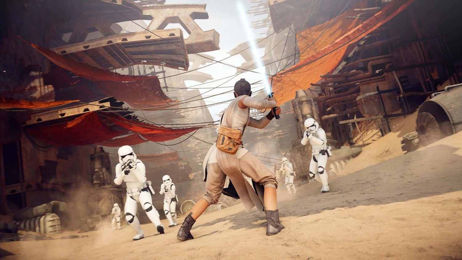 Character holding blue lightsaber facing multiple stormtroopers in sandy street market environment