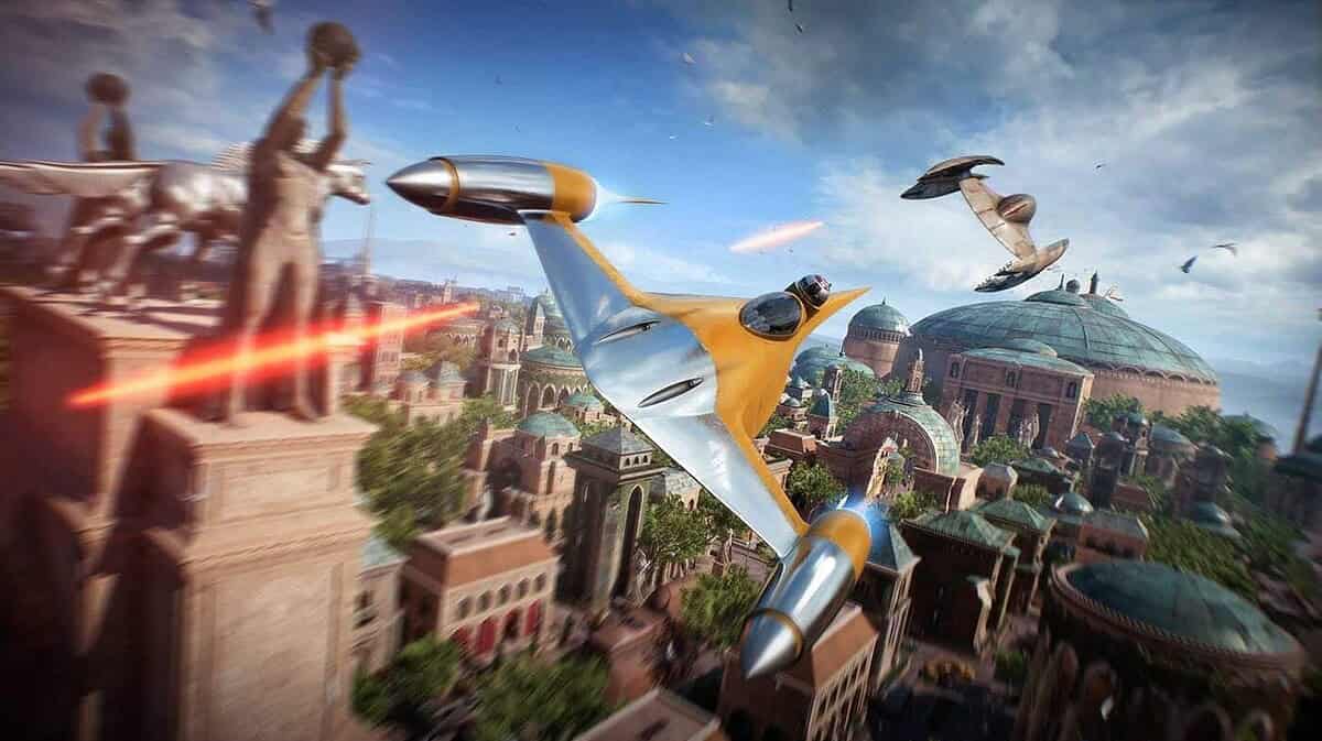 Two sleek futuristic spacecraft engaged in a fast dogfight over a large city with domed buildings and statues, firing red laser beams