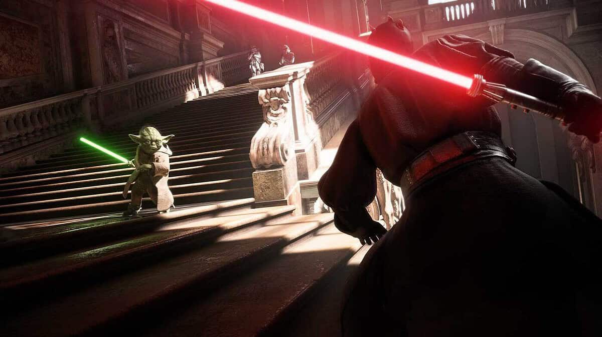 Yoda engaging in a lightsaber duel against a Sith character on a grand stone staircase