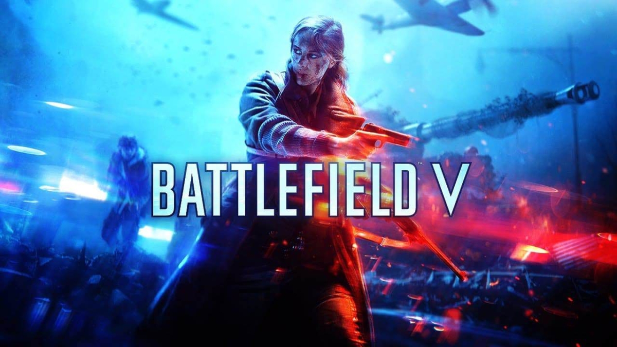 Female soldier holding a pistol with Battlefield V logo in front, war scene in blue and orange hues