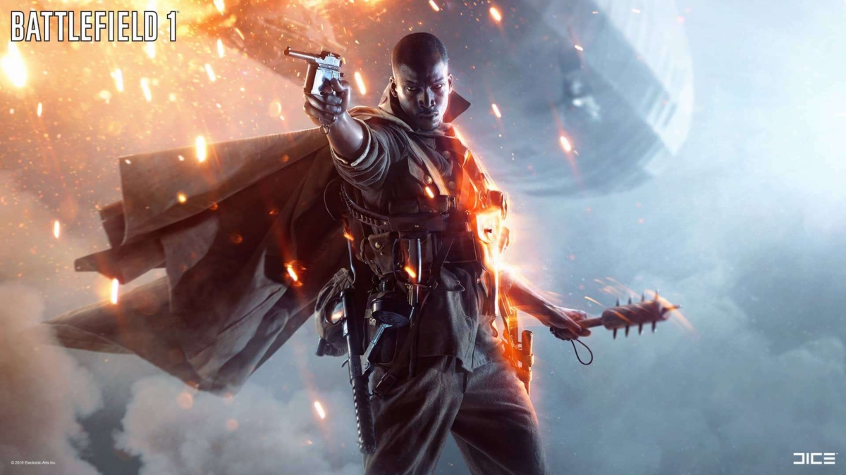 Soldier in Battlefield 1 aiming a pistol with fiery embers around and airship in background