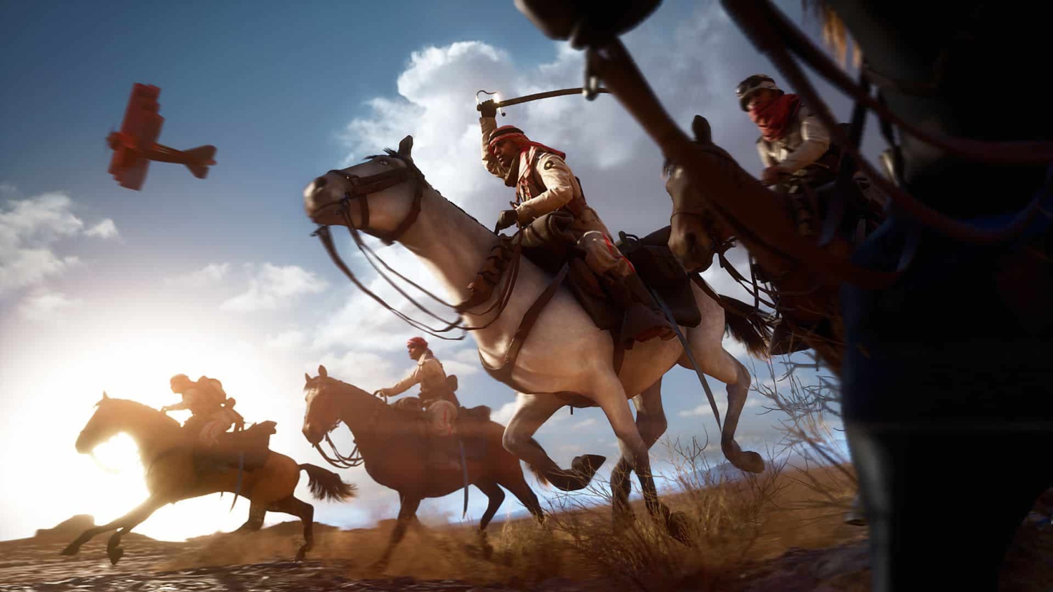 Mounted soldiers charging across desert terrain wielding swords with a vintage biplane flying overhead