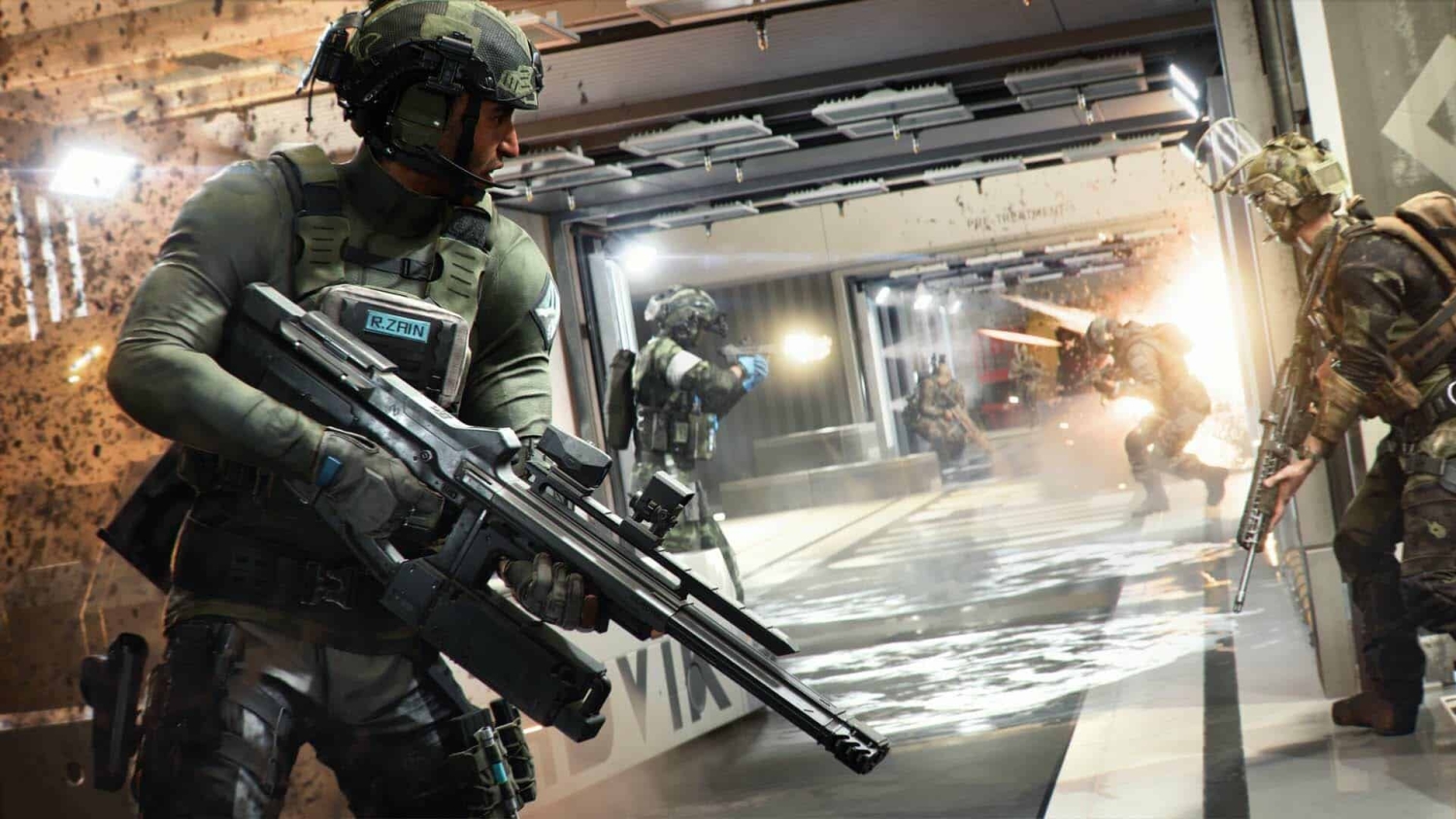 Group of soldiers in tactical gear exchanging gunfire in a narrow corridor with muzzle flashes and explosions