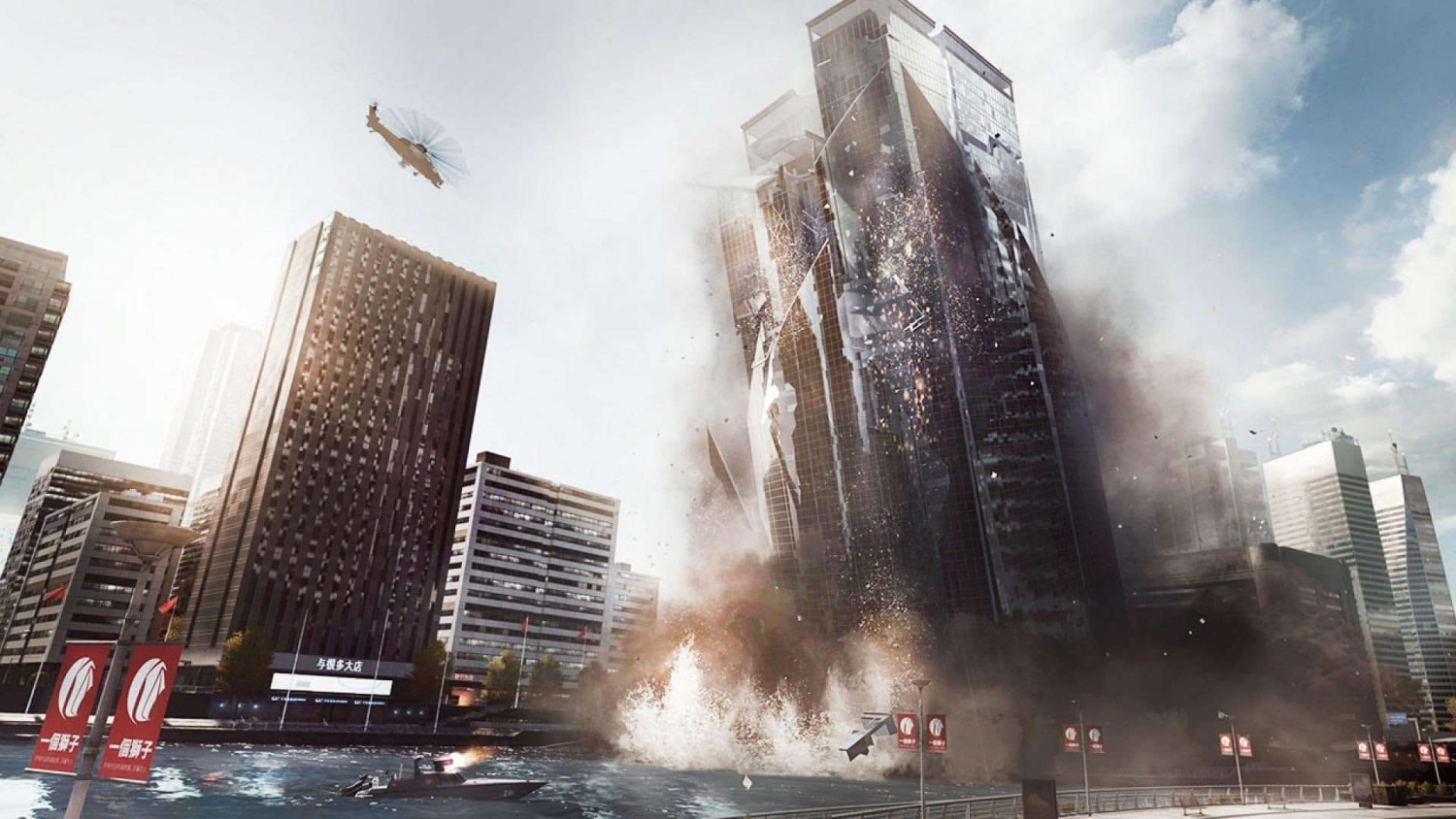 Skyscraper collapsing and exploding into water with helicopter flying above in a modern cityscape