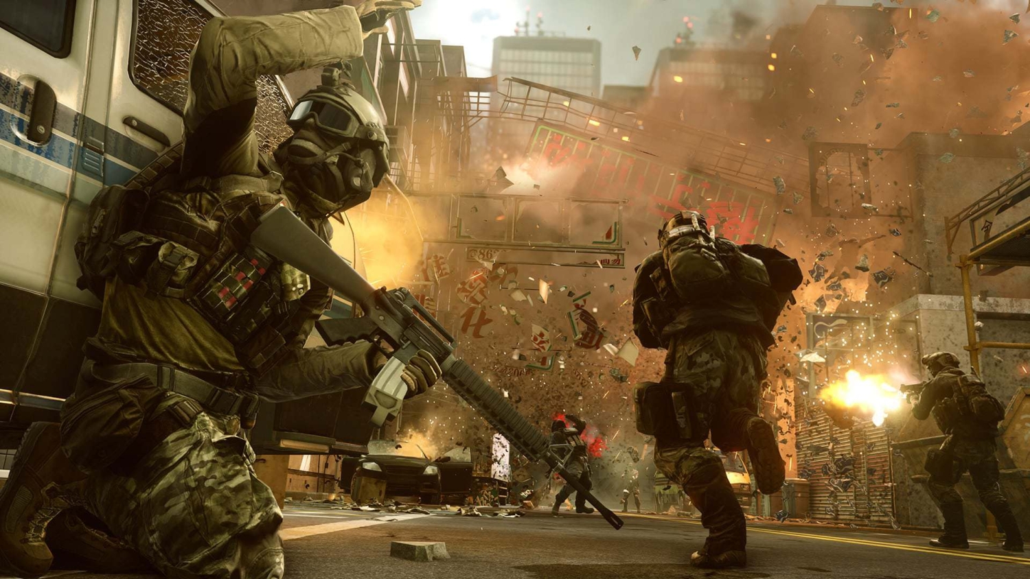 Soldiers in tactical gear firing weapons amid a large explosion in a city street