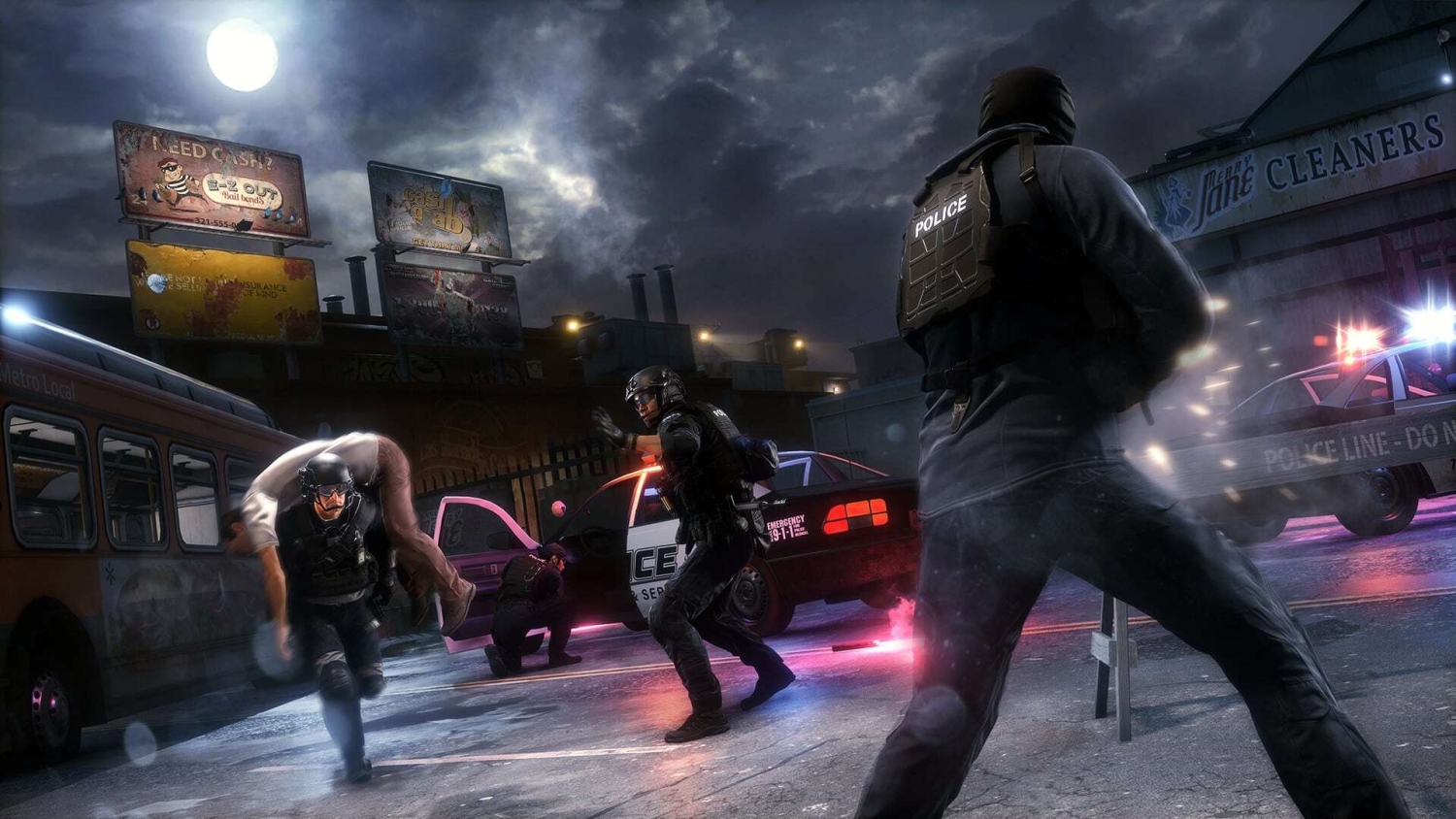 Armed police officers in tactical gear engaged in a street shootout near police cars and a bus at night under a full moon