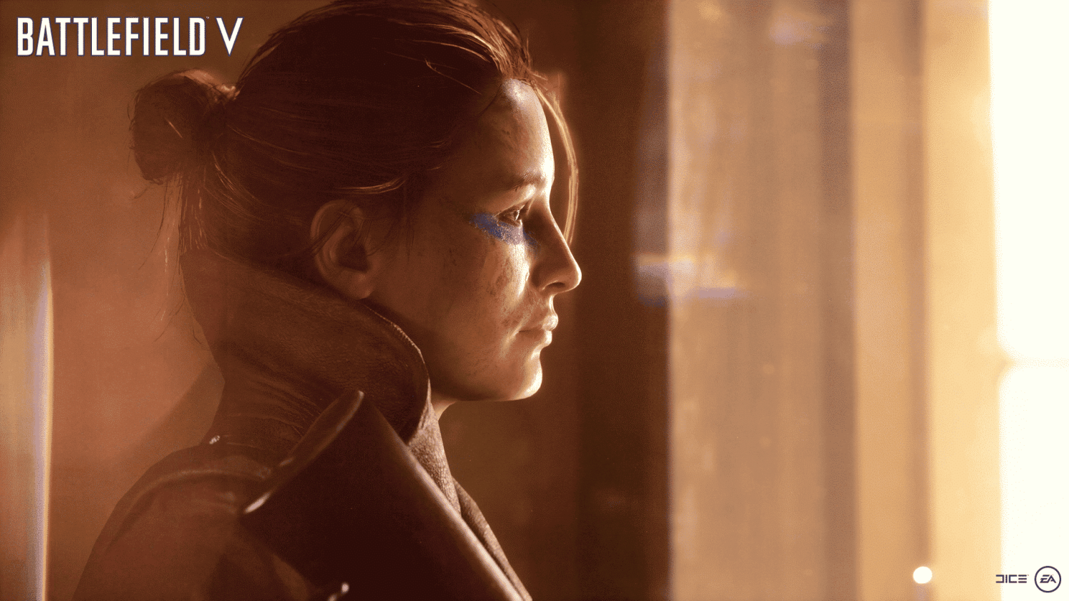 Side view of a female soldier with blue face paint gazing out a bright window in warm light.