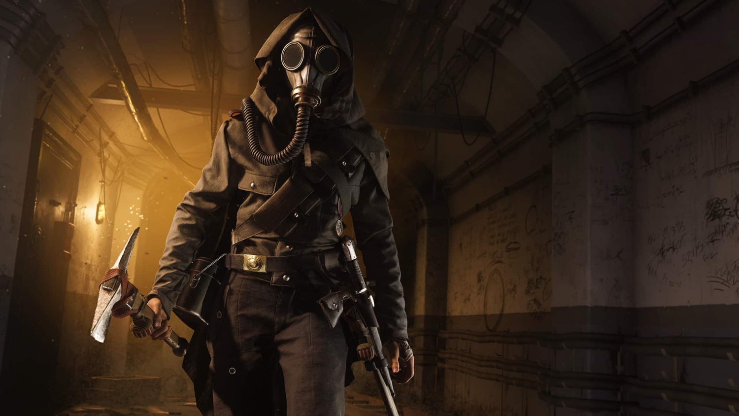 Person in dark clothing wearing a gas mask holding a pickaxe in a dimly lit underground tunnel
