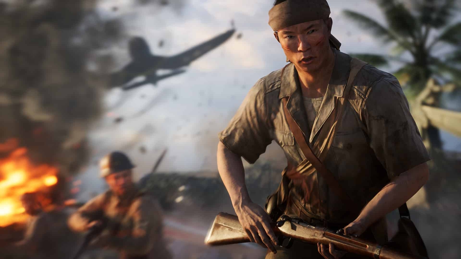 Male soldier gripping rifle and running amid a battle with explosions, smoke, and a plane in the background