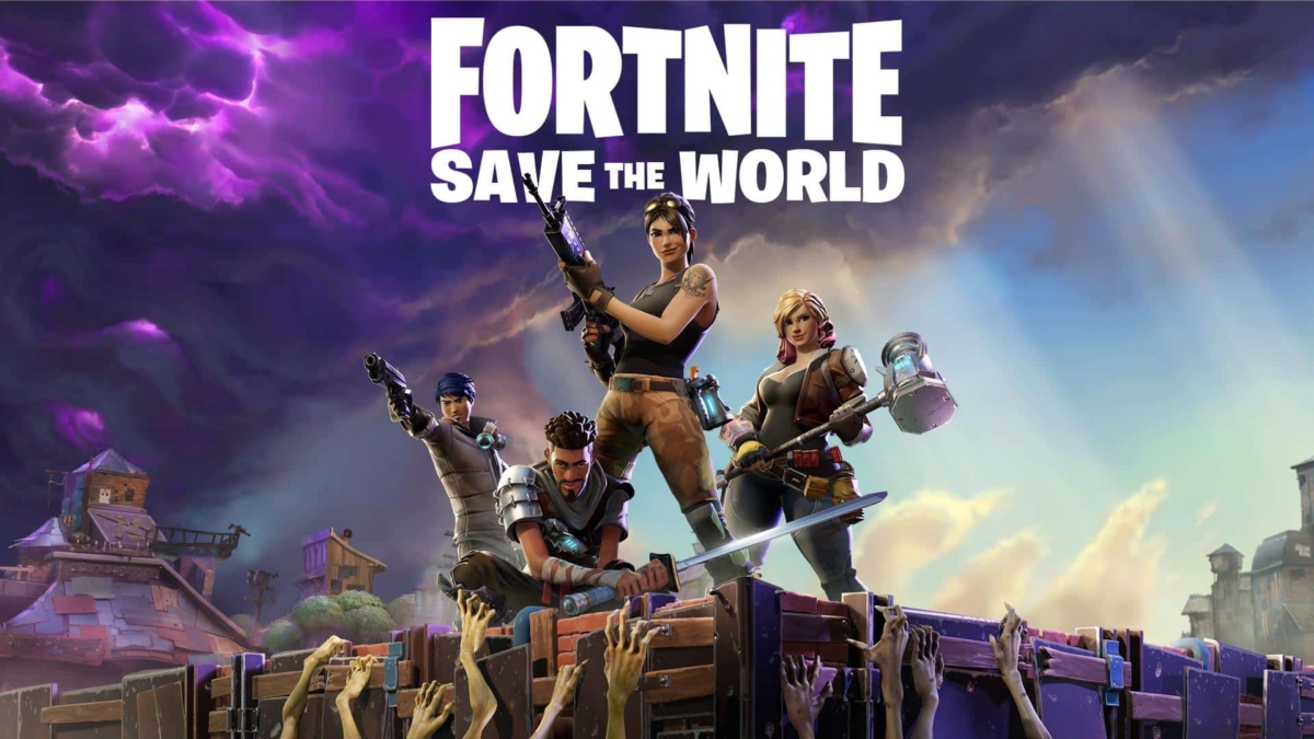Four armed characters standing on a fortified wooden platform with reaching zombie hands below under a stormy purple sky