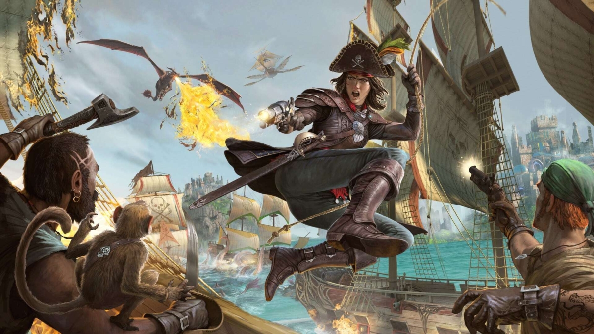 Pirate woman leaps from ship mast aiming pistol while crew defend against fire-breathing dragon during sea battle
