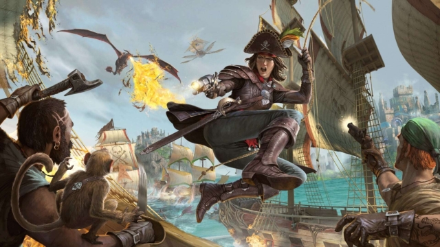 Pirate woman leaps from ship mast aiming pistol while crew defend against fire-breathing dragon during sea battle