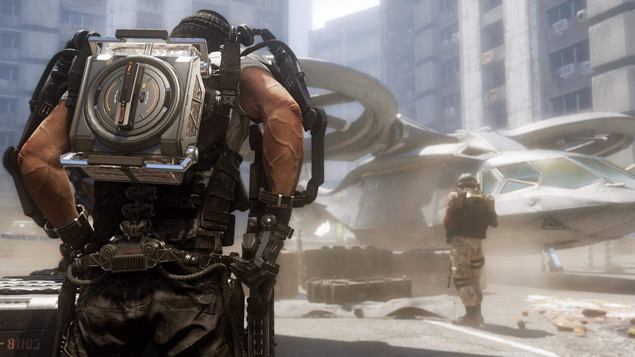 Soldier wearing advanced exoskeleton gear stands near futuristic military aircraft in dusty urban environment