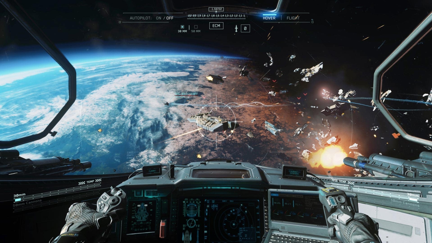 View from a spaceship cockpit showing an intense space battle with debris and explosions near a planet
