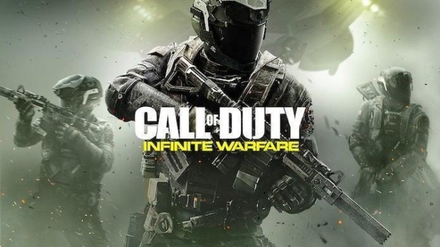 Three futuristic soldiers holding weapons with Call of Duty Infinite Warfare title text overlaid