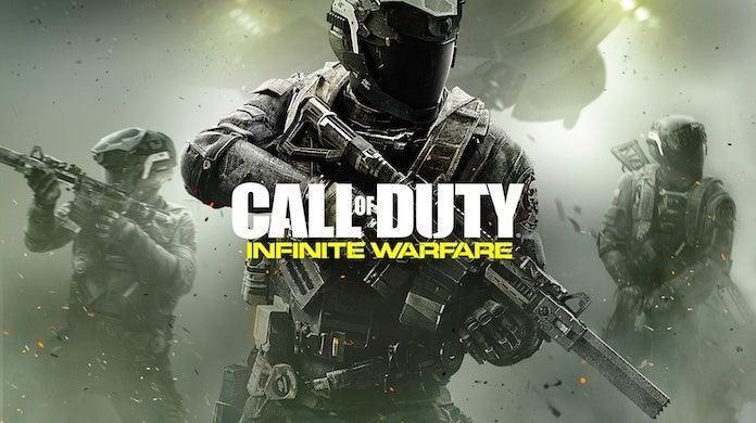 Three futuristic soldiers holding weapons with Call of Duty Infinite Warfare title text overlaid